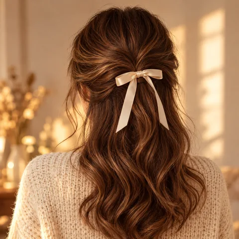 Wavy brown half-up hairstyle tied with a cream satin bow