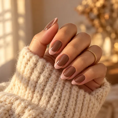 Almond nails in chocolate brown with soft pink french tips against a cream knit sleeve