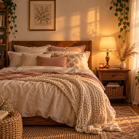 Cozy small bedroom with cream linen bedding, a knit throw and a glowing bedside lamp
