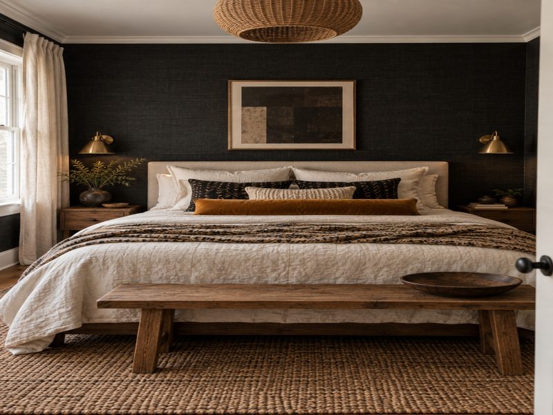 Black peel and stick wallpaper rental bedroom