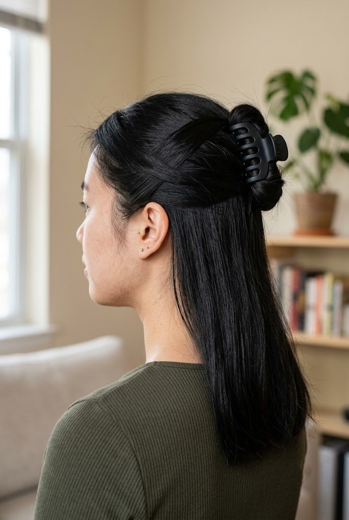 Pinned 90s twist half-up with claw clip on medium black hair