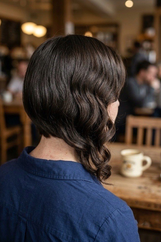 Dark brunette asymmetrical chin bob with deep vintage waves on longer side, over-the-shoulder view