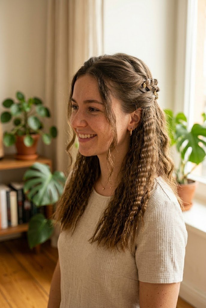 Braid-out beachy waves half-up on medium brown hair