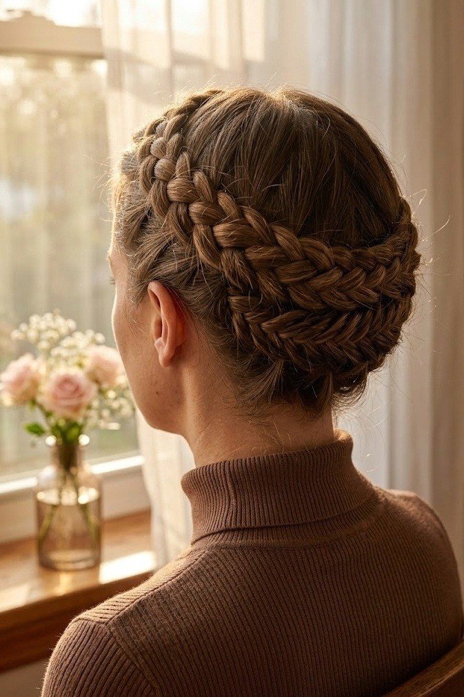 Woven braids pinned into a crown updo around the head, brown hair seen from behind