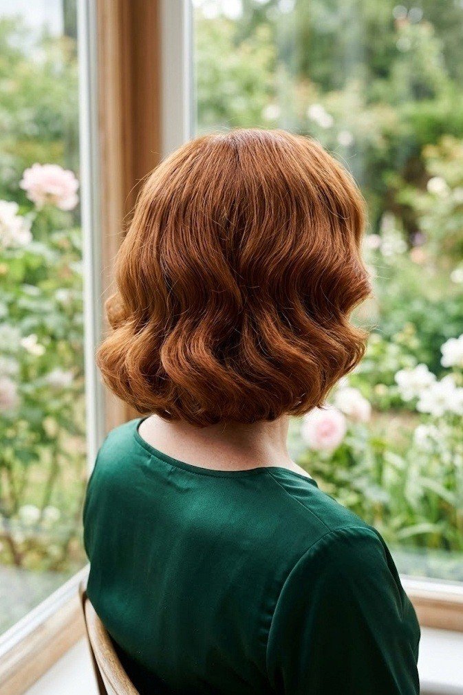 Warm auburn chin bob with voluminous brushed-out S-waves forming a wave curtain from above and behind