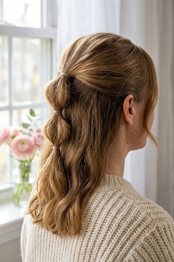 Bubble half-up with clear elastics segmenting the pulled-back section on golden brown hair, back three-quarter view showing the far ear