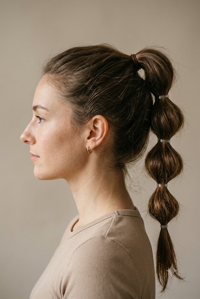 Bubble ponytail with clear elastics on thick medium brown hair