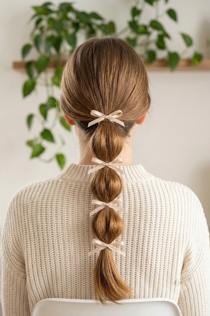 Bubble ponytail with clear elastics and thin ribbon bows between segments, caramel hair from behind