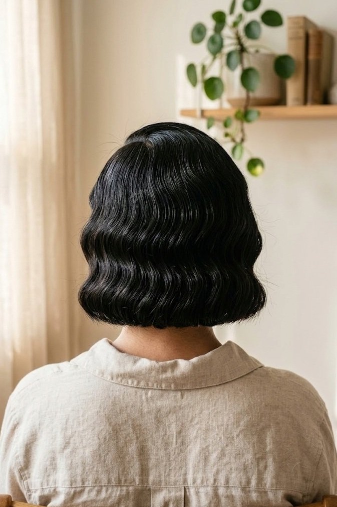 Chin-length jet black bob styled in aligned vintage S-waves, straight back view