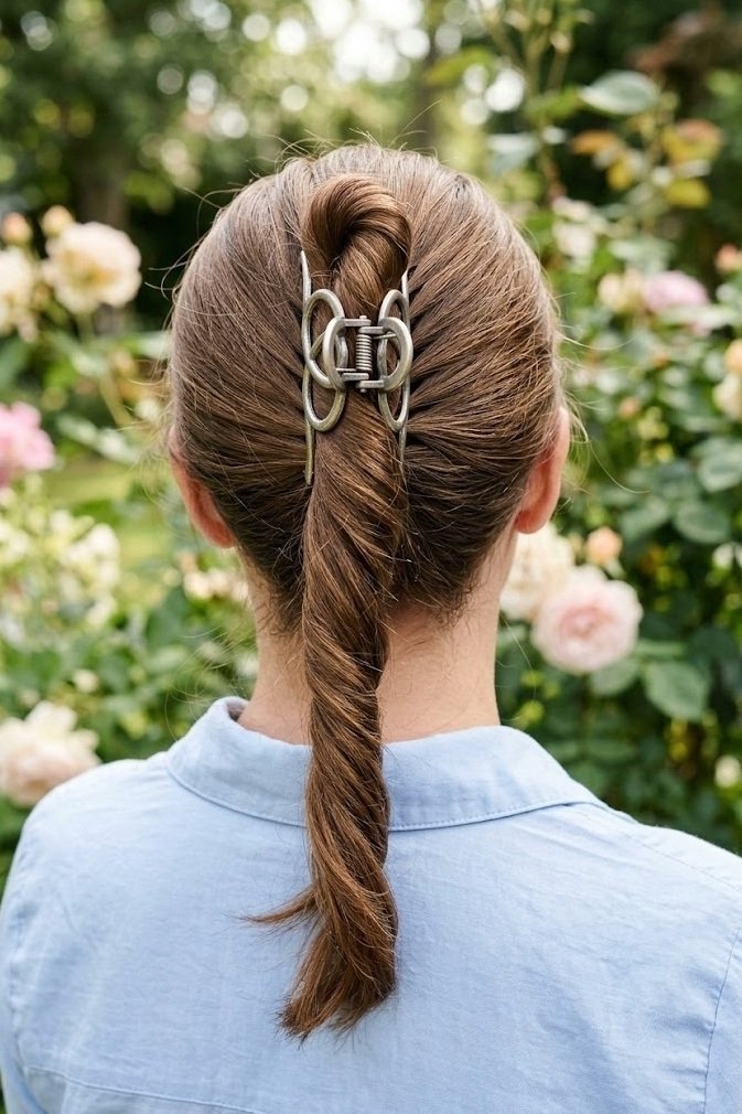French twist held with a metal loop claw clip, medium brown hair seen from above and behind