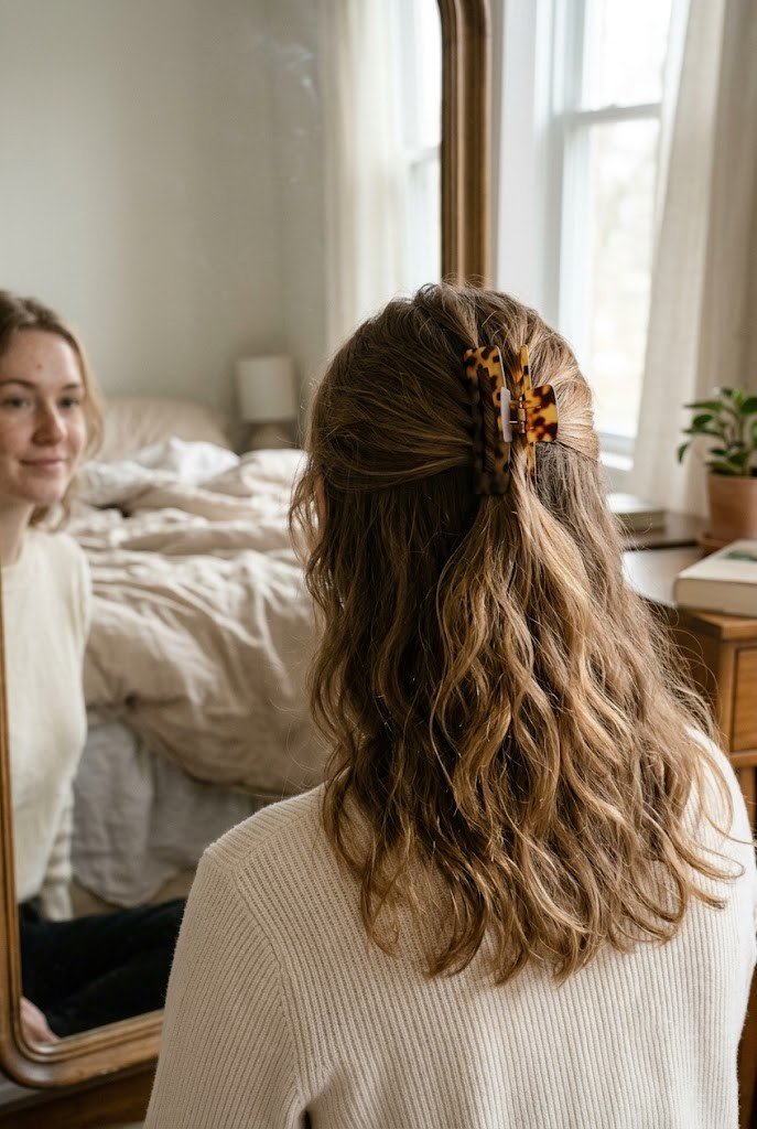 Claw clip half-up half-down hairstyle on medium wavy brown hair