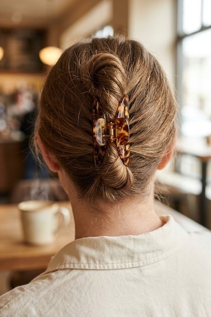 Medium light brown hair twisted up in a large tortoiseshell claw clip, close view of the clip