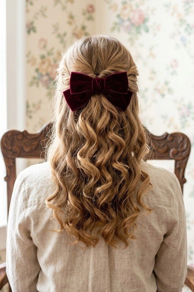 Curled half-up pinned back with a large velvet bow and curls cascading below, caramel blonde, from behind