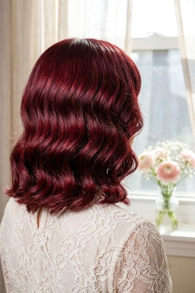 Deep crimson red lob with glossy structured vintage glam waves, over-the-shoulder view