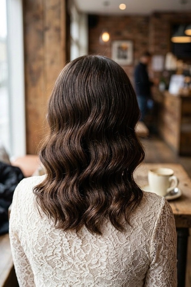 Deep-set finger waves sculpted close to the head with a glossy finish, deep brown hair from behind