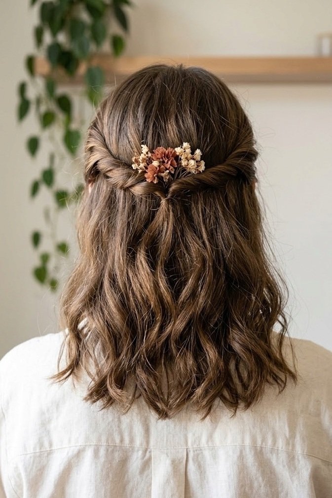 Twisted half-up meeting at the crown with dried rust and cream flower pins, close view of the pinned detail