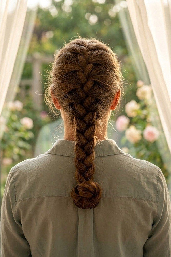 Single Dutch braid finishing in a coiled low bun, warm brown hair seen from behind