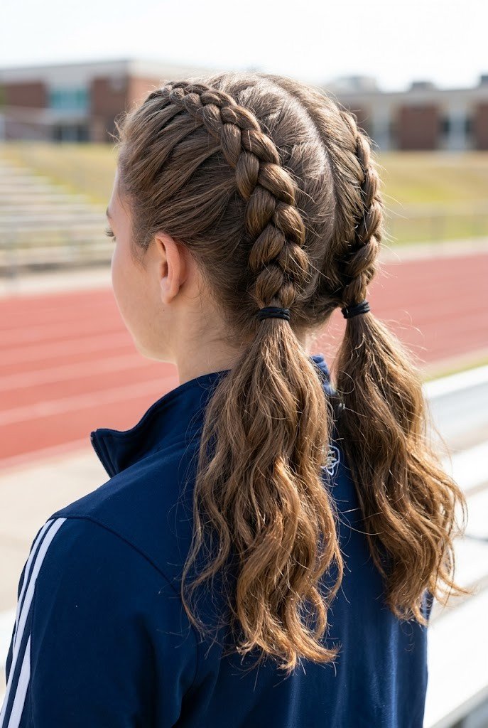 Double Dutch braid pigtails on medium brown hair