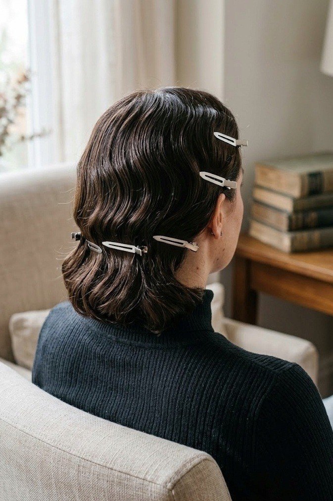 Dark brown lob set into faux finger waves with high-gloss mirror sheen, from above and behind