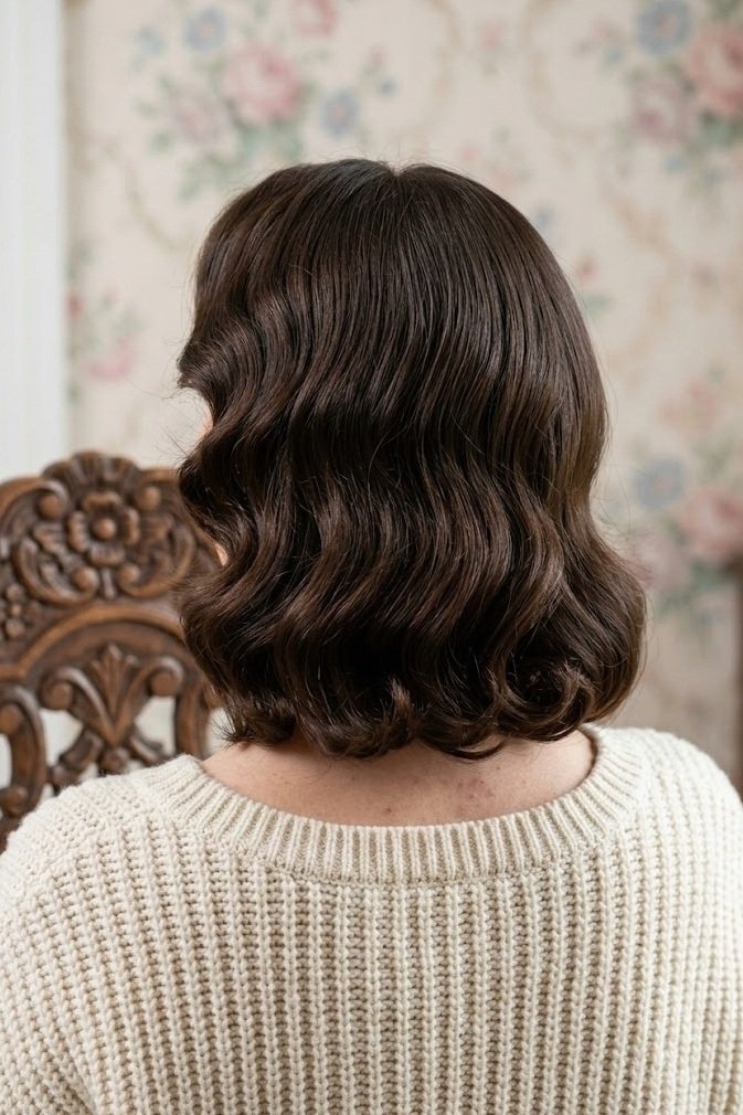 Dark chocolate lob with classic front crest wave and inward curled ends, straight back view