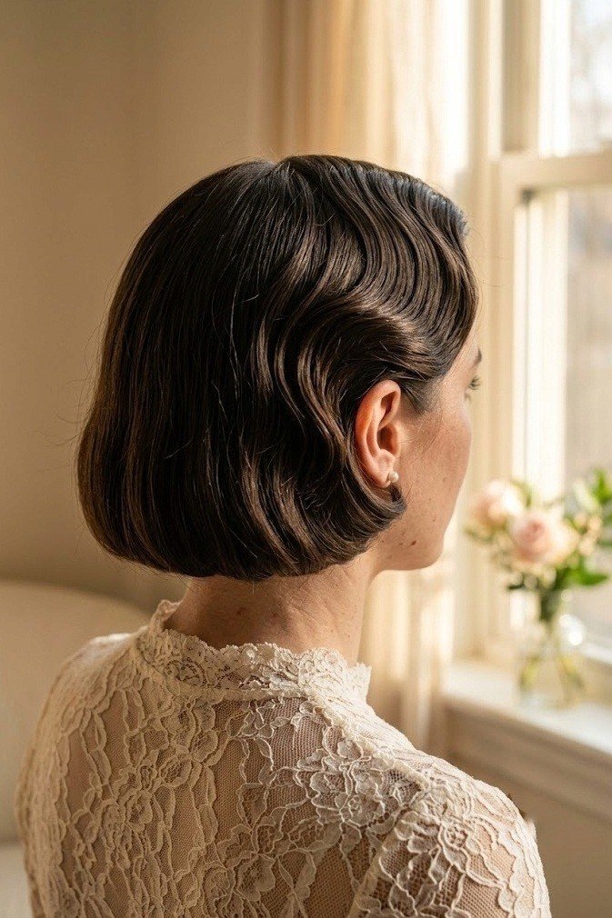French bob with sleek finger wave ridges along the heavy side, back three-quarter view