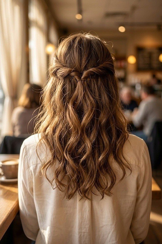 Tousled waves with the front sections twisted and pinned at the back of the crown on caramel brown hair, straight back view