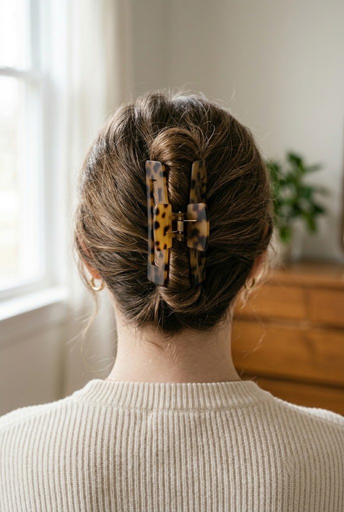 Full claw clip twist updo on thick medium hair seen from behind