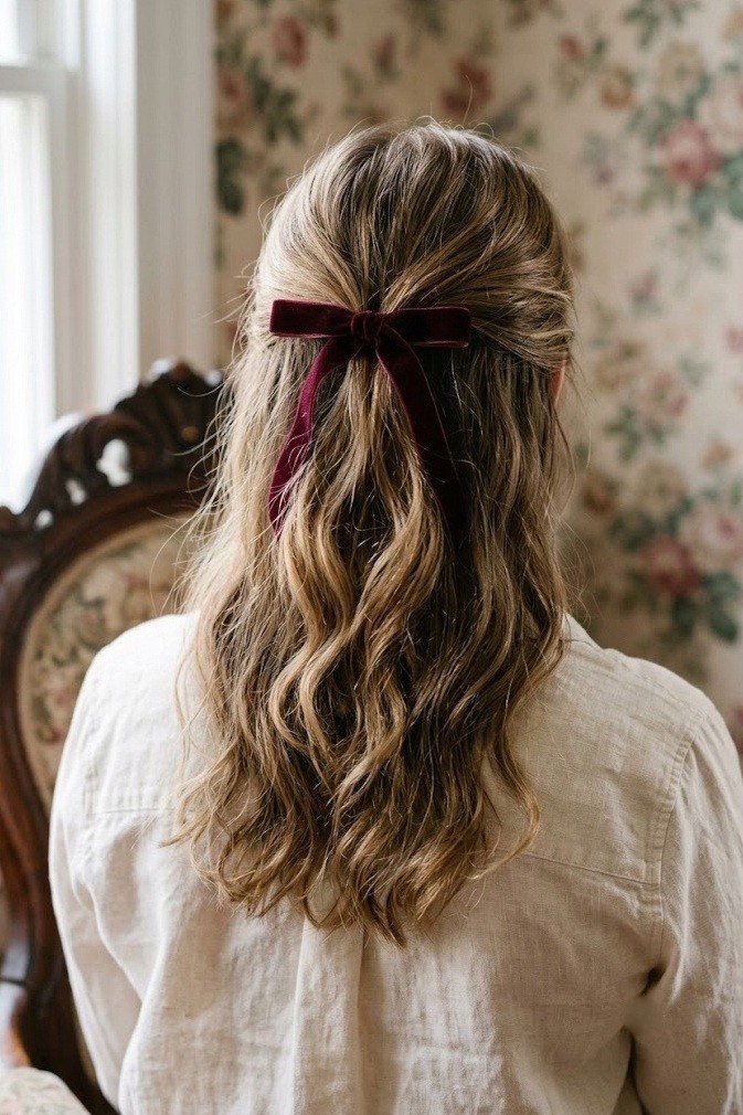 Half-up half-down with a velvet ribbon at the join and loose waves below, bronde hair from behind