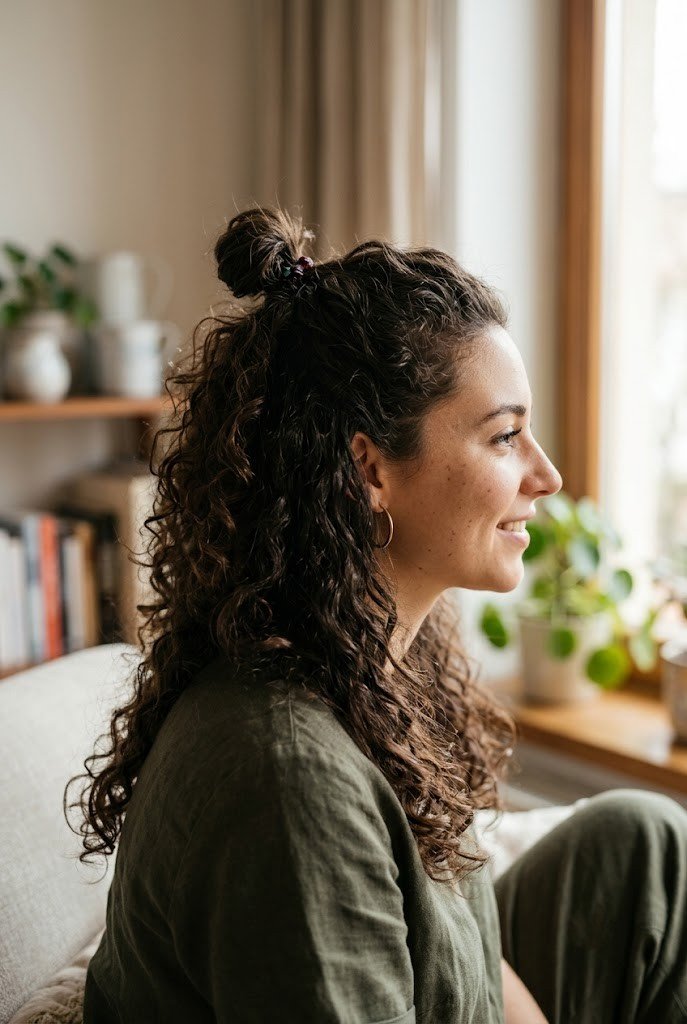Half-up mini bun on medium curly hair