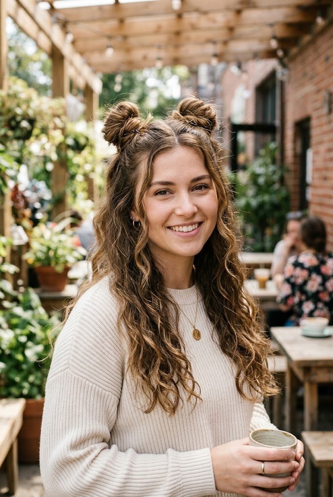 Half-up space buns on medium wavy hair