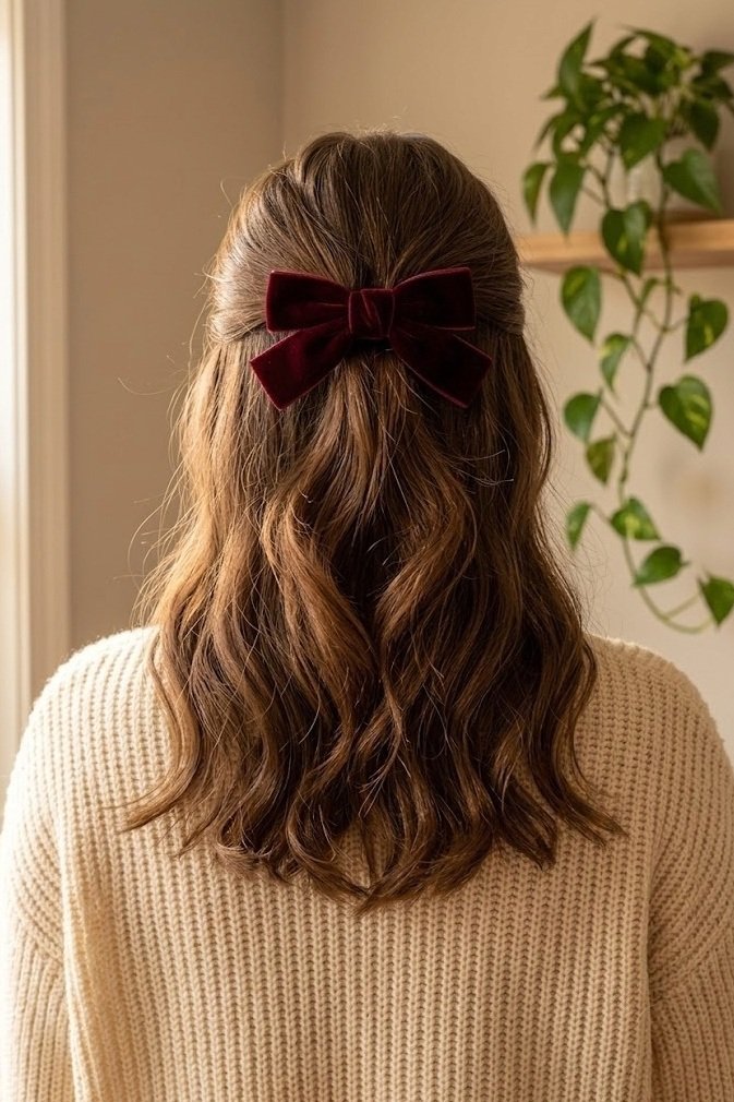 Half-up style with a velvet bow at the crown and soft waves left down, seen from behind