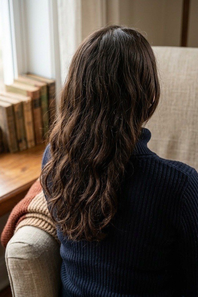 Soft heat-free waves worn down on dark brown medium hair, seen from slightly above and behind