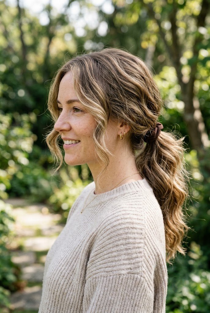 Heatless waves in a low ponytail on medium dark blonde hair