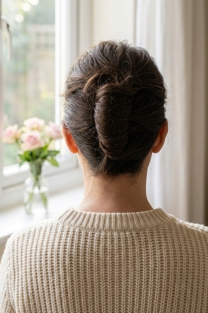 Loosened French twist rolled up the back of the head on medium dark brown hair, straight back view