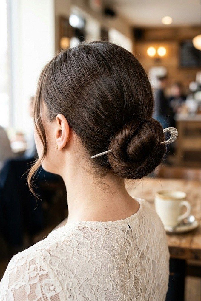 Smooth low chignon held with a hair fork and a few loose tendrils, espresso brown, from behind