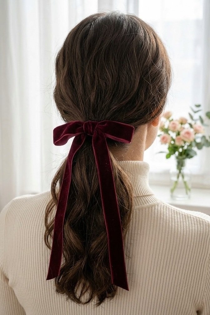 Low ponytail tied with a velvet ribbon bow at the nape, ribbon tails hanging, seen from behind