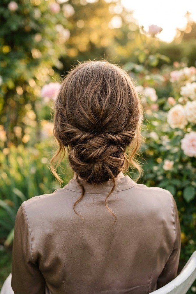 Low twisted chignon at the nape on medium chestnut brown wavy hair, seen over the shoulder from behind
