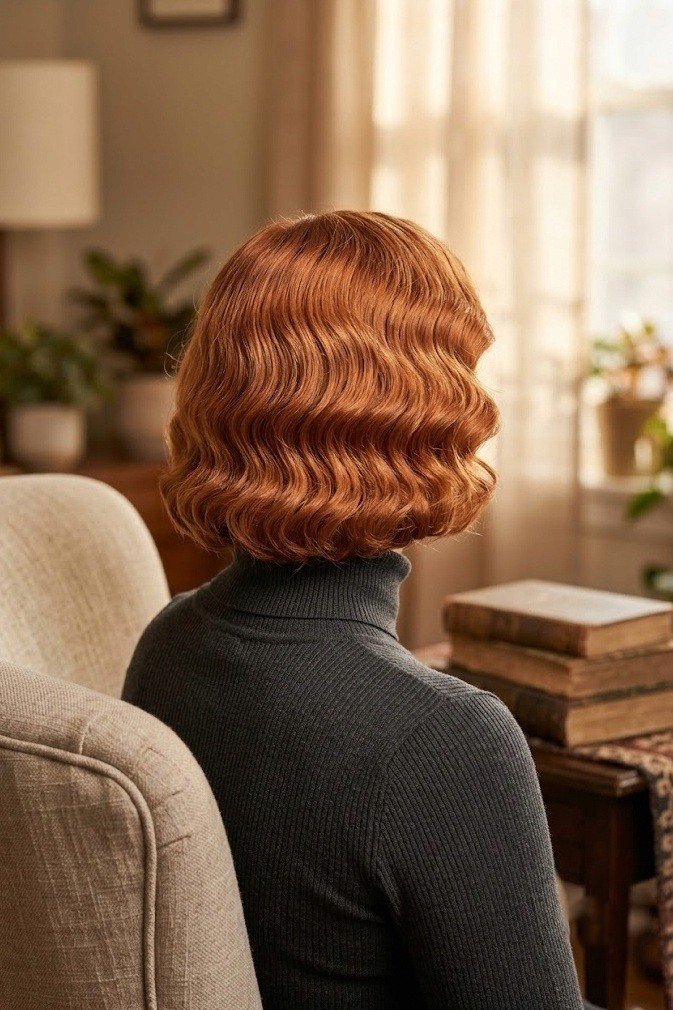 Soft copper chin bob with high-definition Marcel wave ridges across the back, straight back view