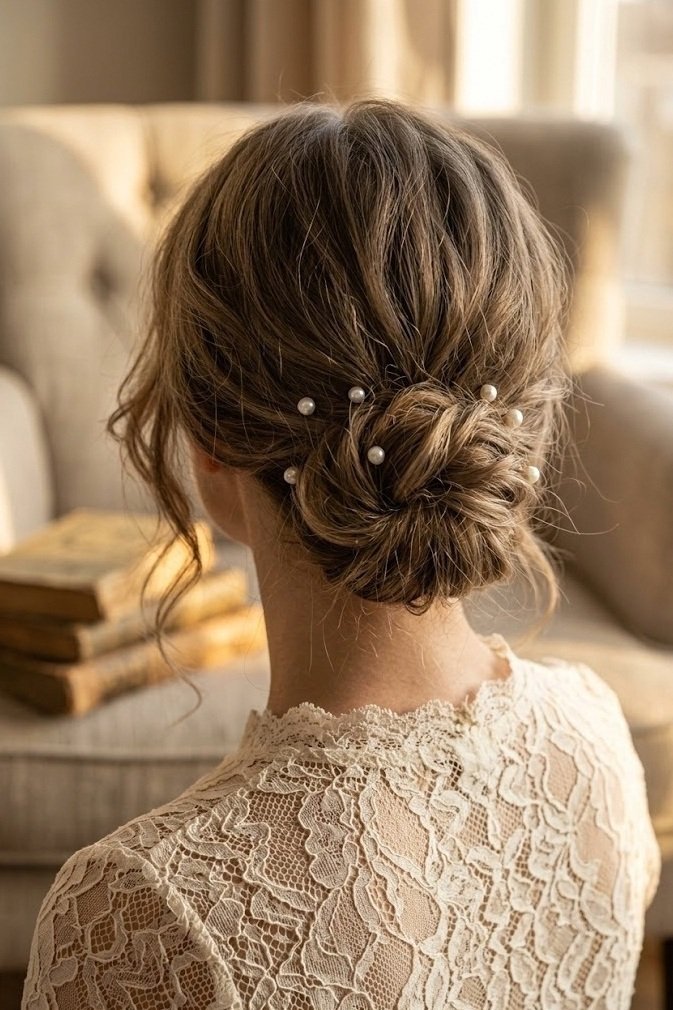 Messy low bun with pearl pins and face-framing pieces, ash brown hair seen from above and behind