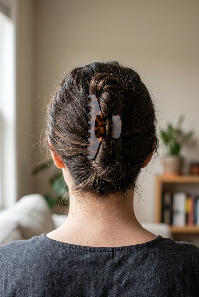 Mid-height wrapped ponytail on medium auburn hair for school