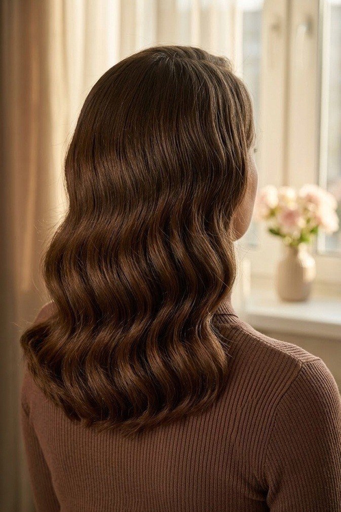 Old Hollywood soft waves brushed into glossy S-bends with a deep side part, seen from behind