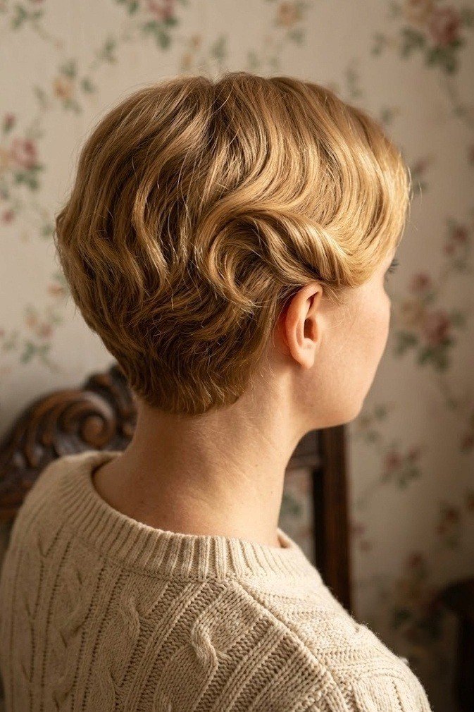 Warm honey blonde short pixie cut with soft brushed-out pin-curl wave ridge, back three-quarter view