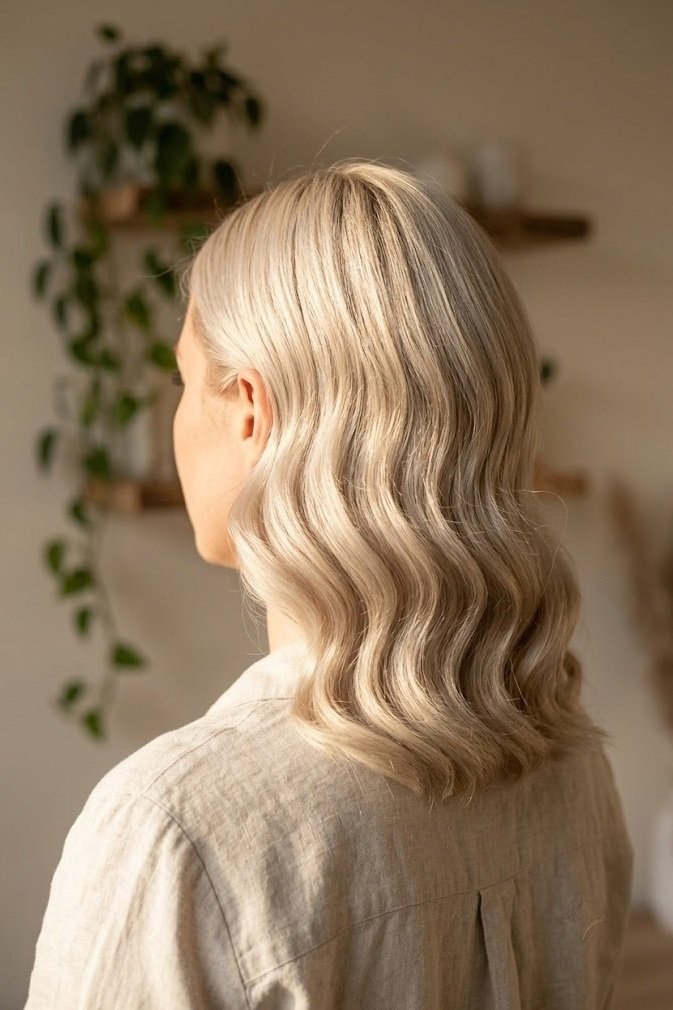 Platinum blonde collarbone lob with high-contrast aligned Hollywood waves, back three-quarter view