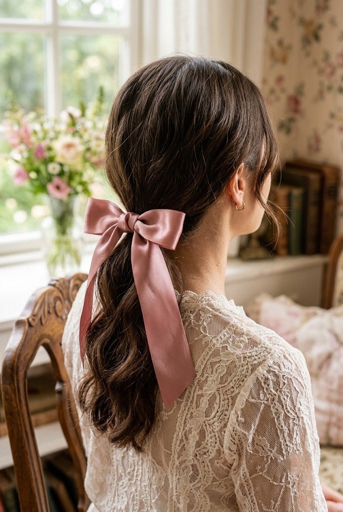 Low ponytail with satin ribbon bow on medium brown hair
