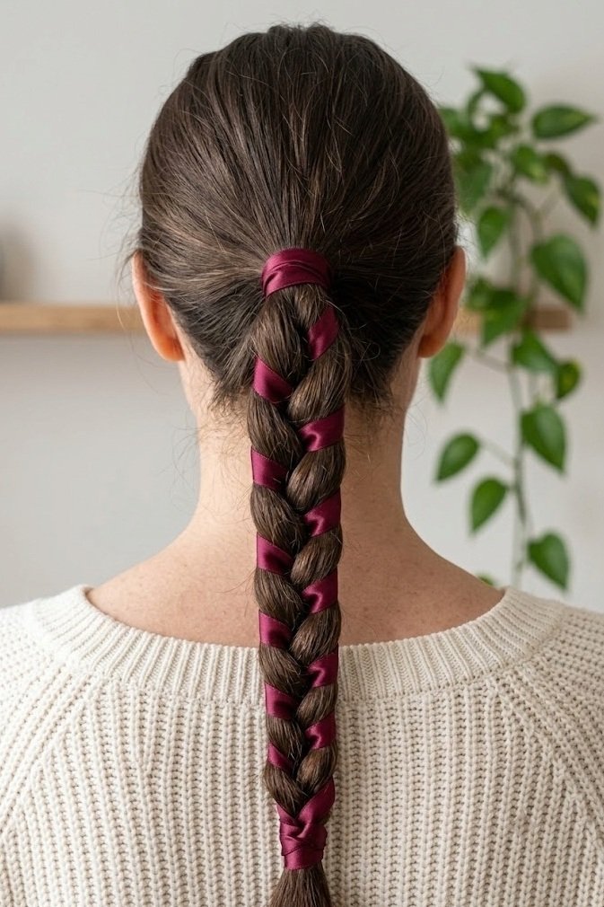 Three-strand braided ponytail wrapped with satin ribbon down its length, dark brown, from behind