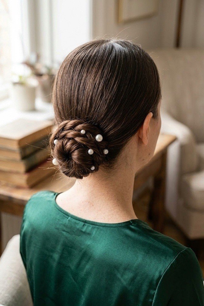 Low bun made of two coiled rope twists with pearl pins, mahogany brown hair seen from behind