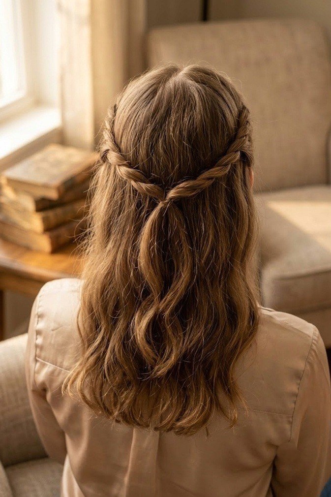Rope-twist crown with two twists crossed over the top and hair left down, light brown, from behind