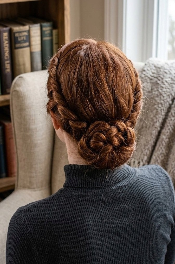 Two rope twists braided into a low bun at the nape on auburn hair, seen from slightly above and behind