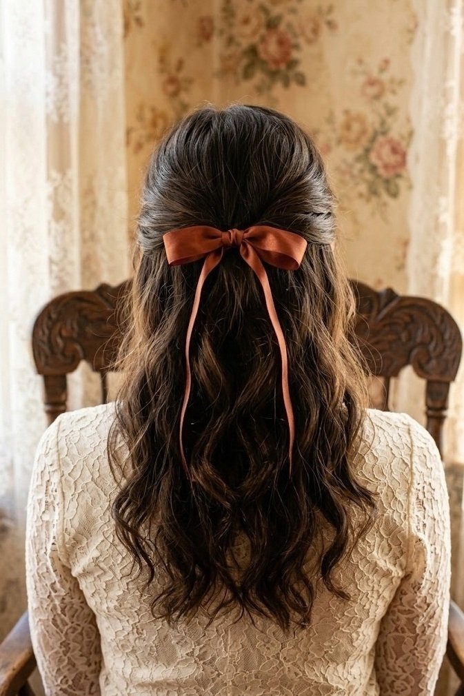 Half-up style tied with a rust satin ribbon bow at the back, long tails over loose waves, over-the-shoulder view