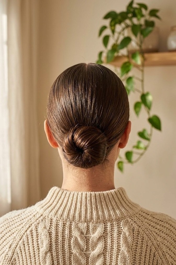 Glass-smooth low chignon with a clean center part, dark brown hair seen from above and behind